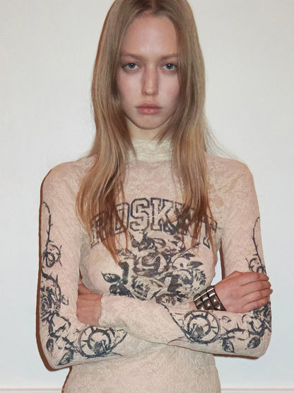 Rose Lace Print Mesh Top