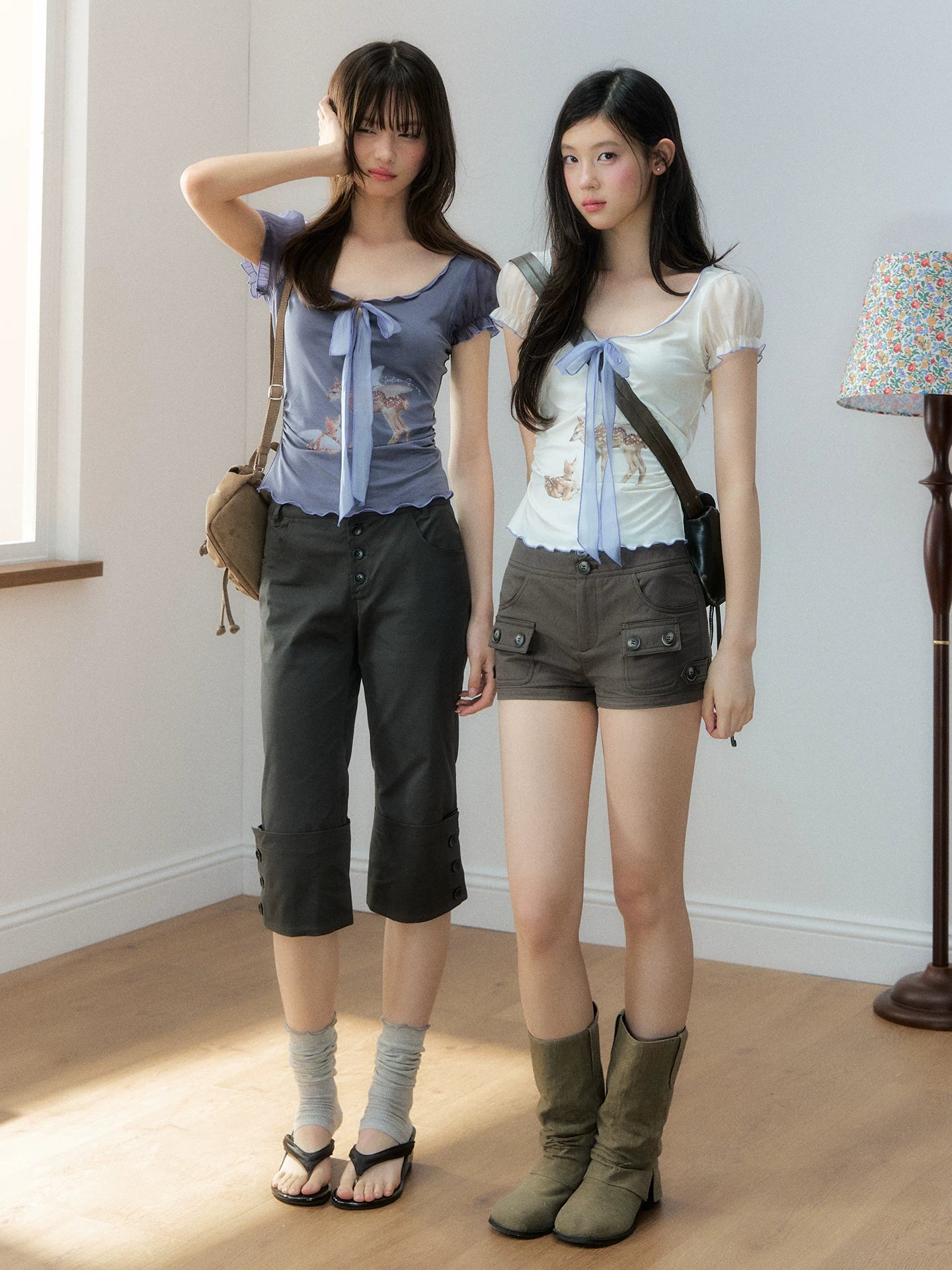 Lyocell Deer Ribbon Print Top