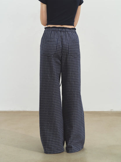 Double-layer Waistband Checkered Drawstring Pants