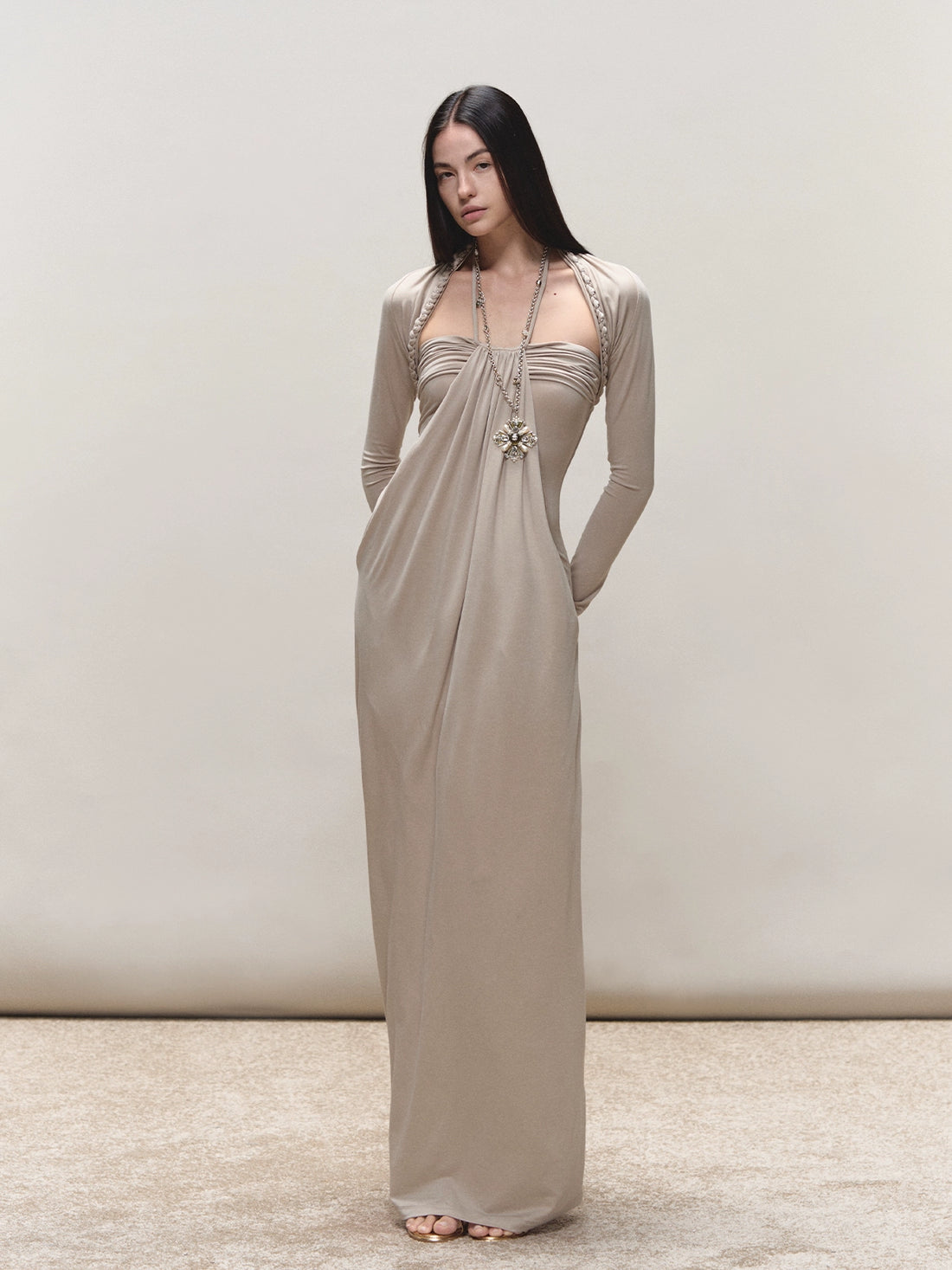 Lyocell Braided-Halter Ruched Dress Set