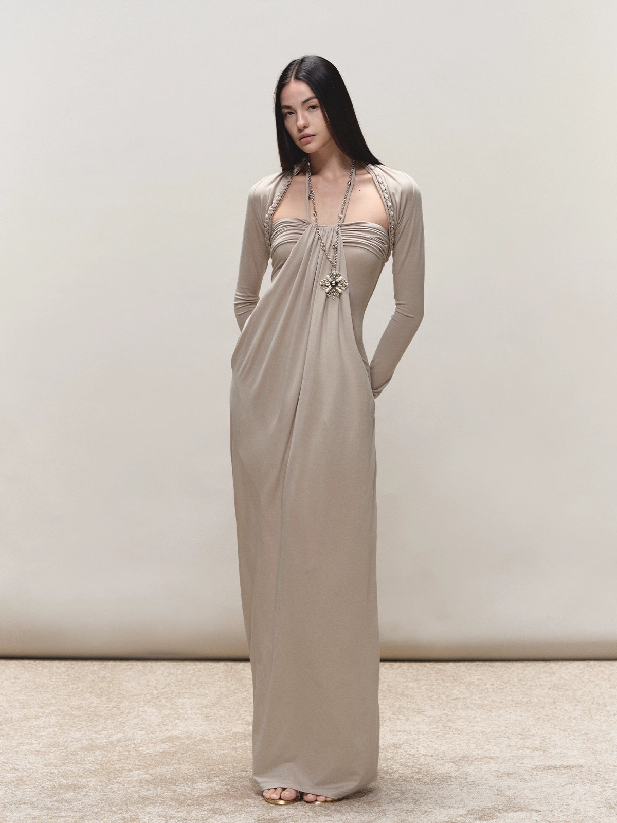 Khaki Lyocell Braided-Halter Ruched Dress Set
