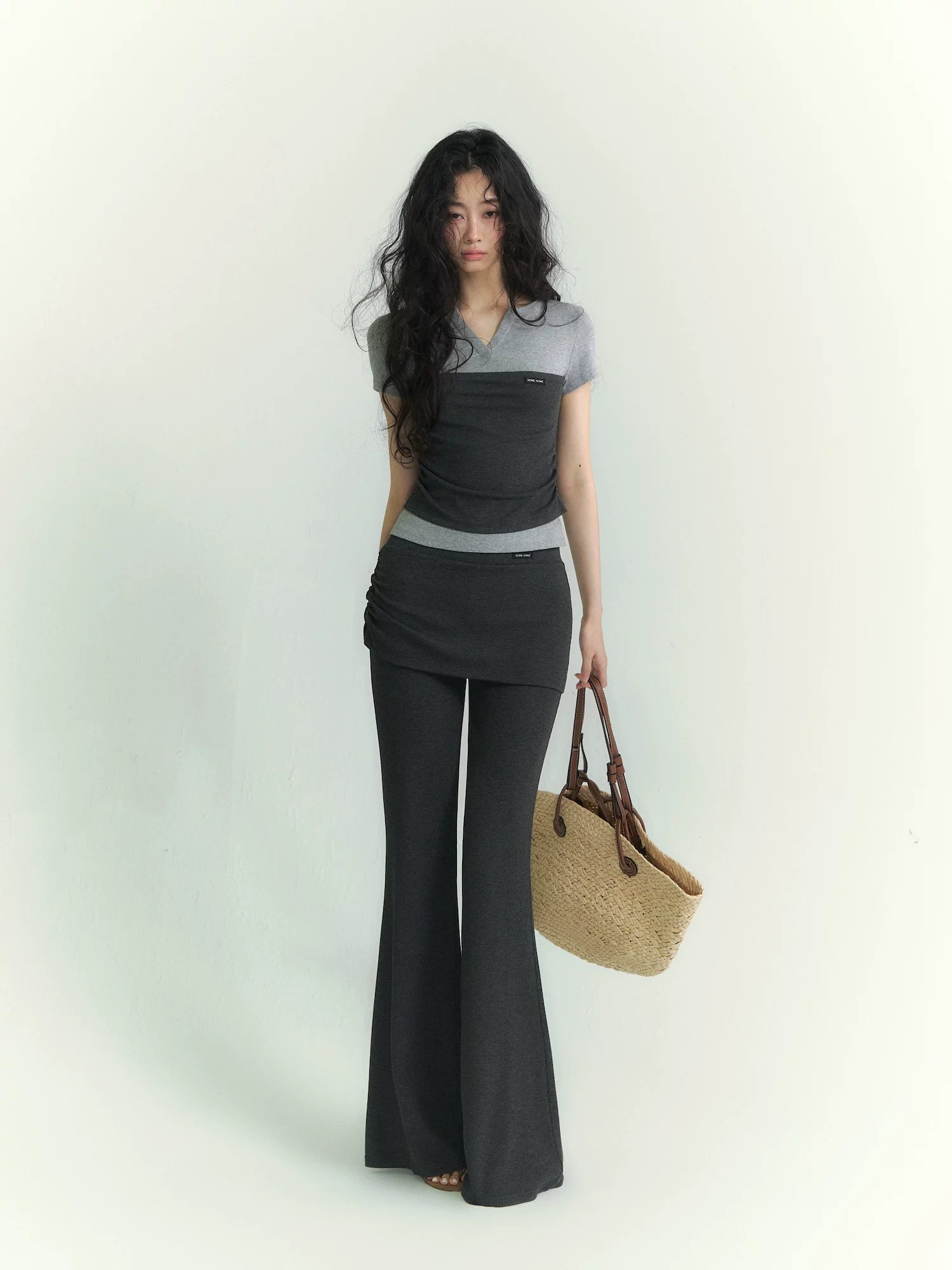 Gray Layered V Tee &amp; Pants Set