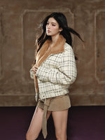 Wool Tweed Faux-Shearling Collar Quilted Jacket