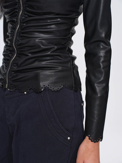 Ruched Burnout Slim Cropped Faux-Leather Jacket
