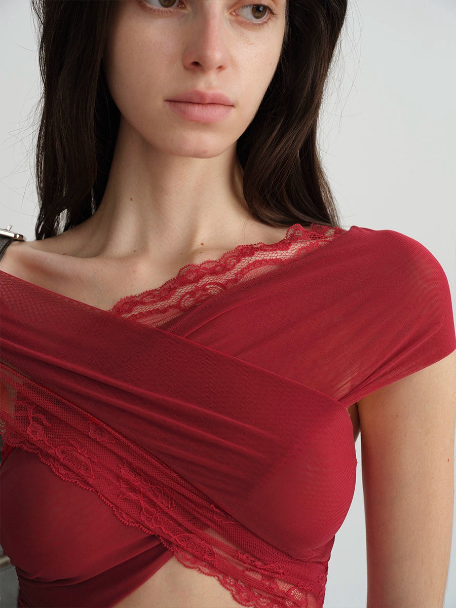 Two-Tone Mesh Lace Cross-Front Blouse