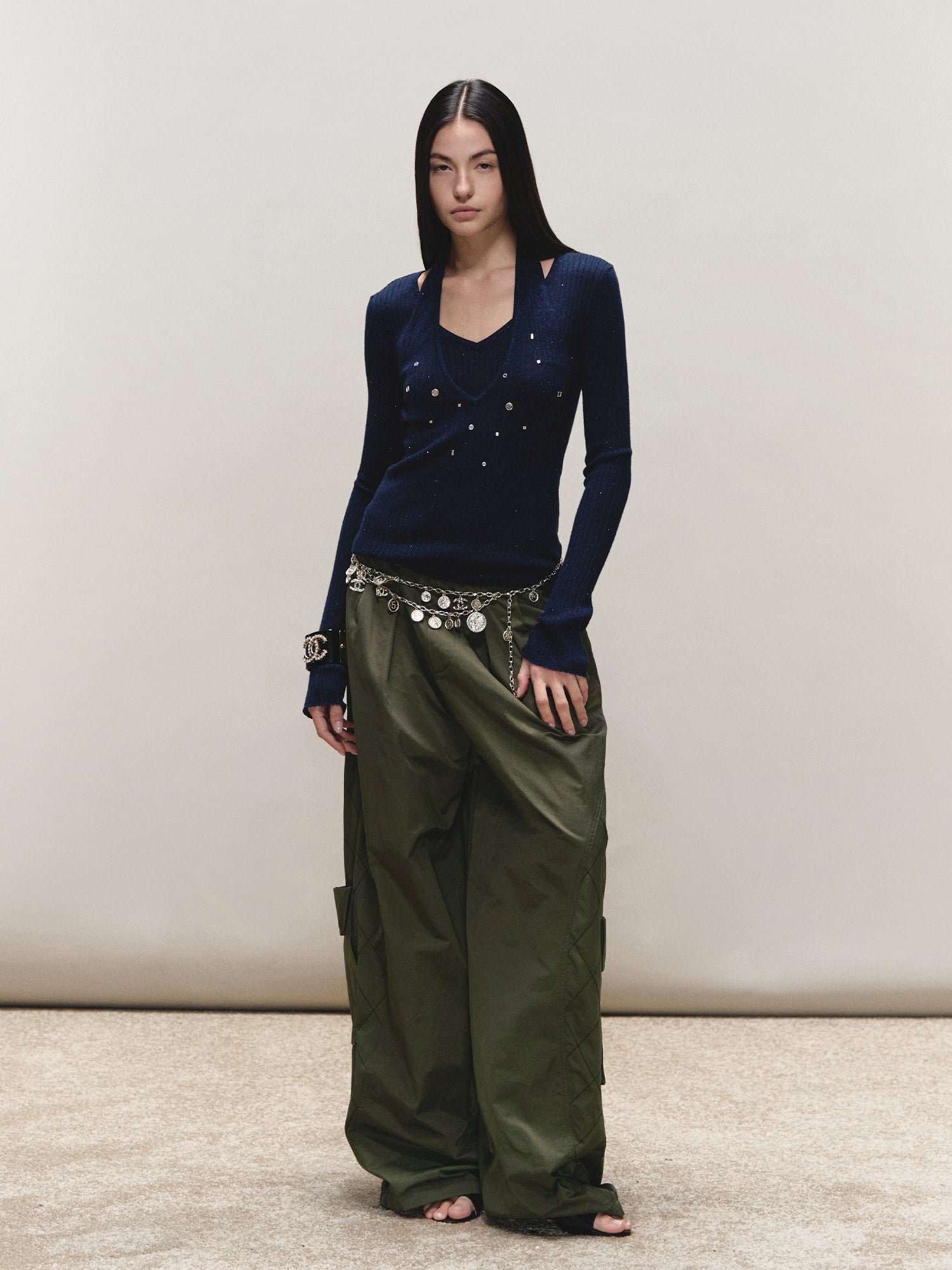 Wool Halter Sequin Long-Sleeve Top