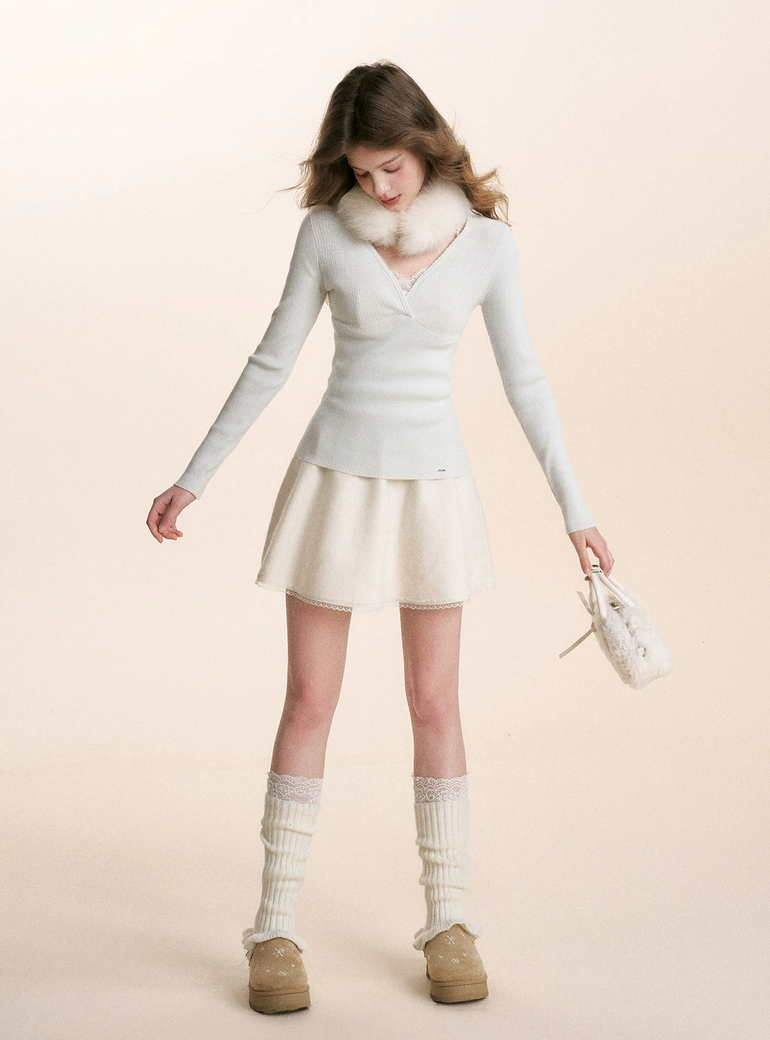 Wave-Trim V-Neck Knit Top