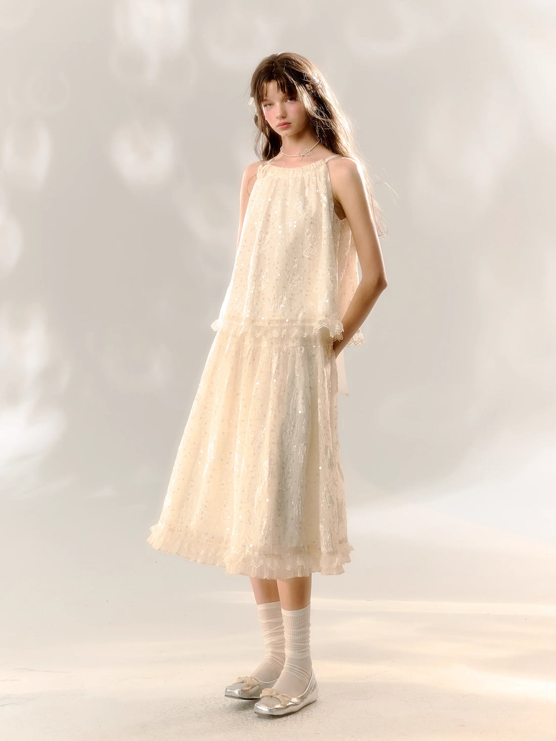 White Butterfly Lace Halter Top  & Midi Skirt Set