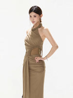 Halter Ruched Mesh Dress