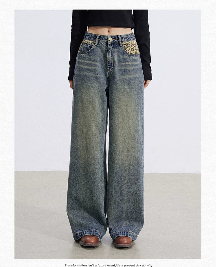 Leopard Patchwork Wide-Leg Jeans