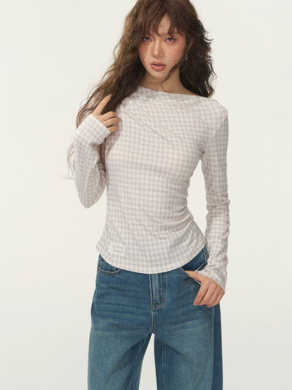 Velvet-Touch Plaid Draped Off-Shoulder Long Sleeve