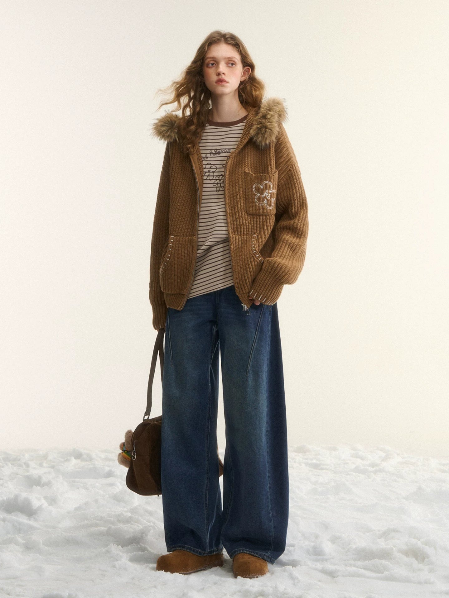 Detachable Faux-Fur Collar Embroidered Hooded Cardigan