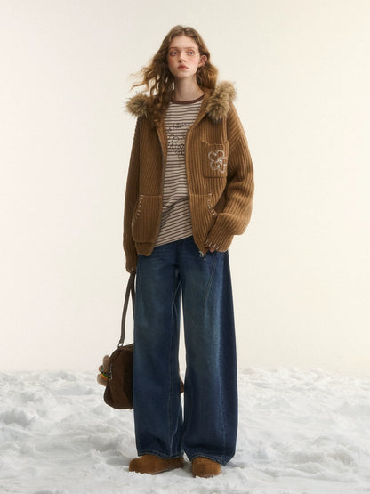 Detachable Faux-Fur Collar Embroidered Hooded Cardigan