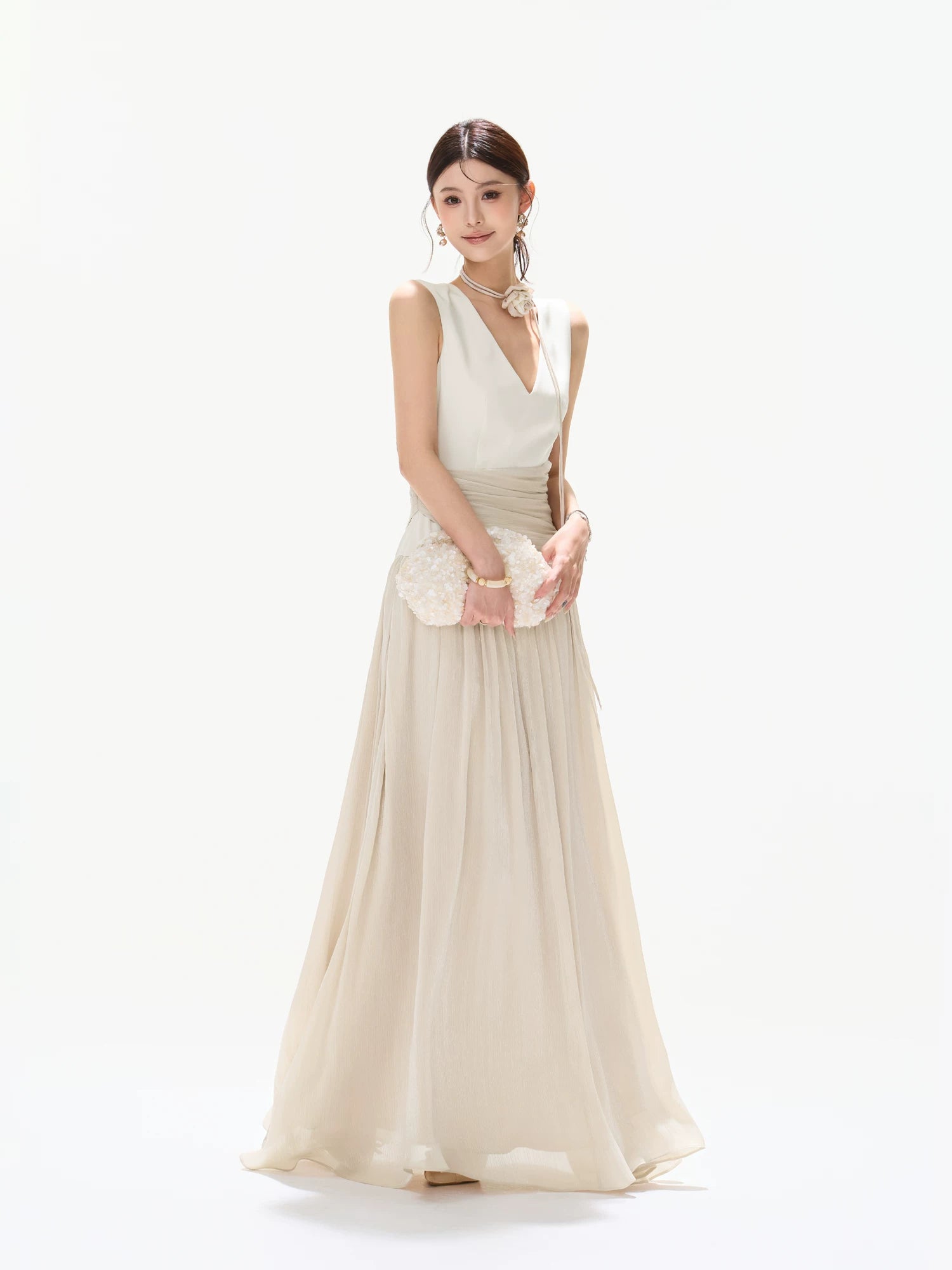 Contrast Pleated Satin Maxi Dress