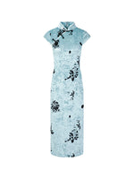 Light Blue Ink Floral Qipao Dress