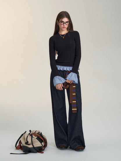 Plaid Patchwork Long-Sleeve Top