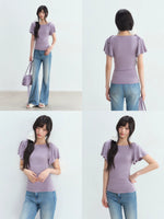 Purple Bow Tie Puff Sleeve Top