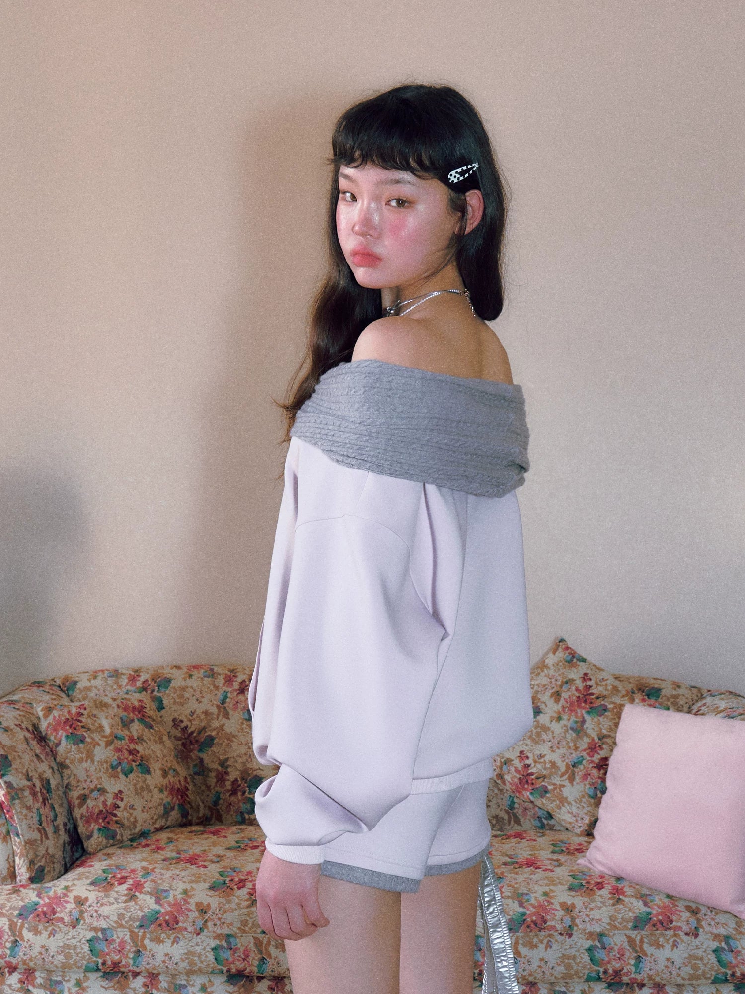 Pink Foldover Off-Shoulder Sweatshirt