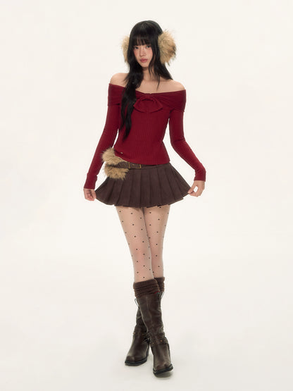Red Off-Shoulder Bow Knit Top