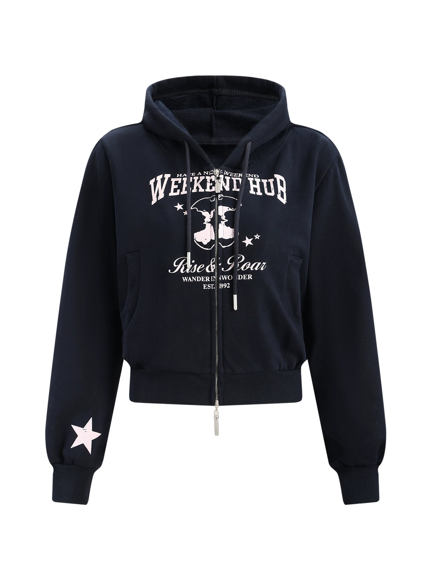 Navy Blue Retro Printed Cropped Hooded Sweatshirt