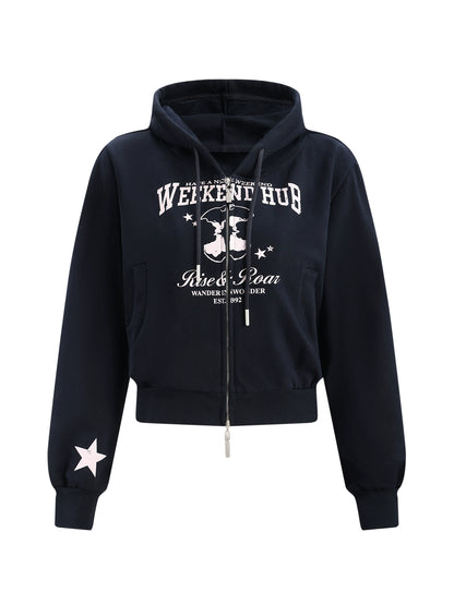 Navy Blue Retro Printed Cropped Hooded Sweatshirt
