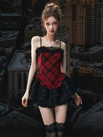 Red Plaid Lace Puff Dress Set
