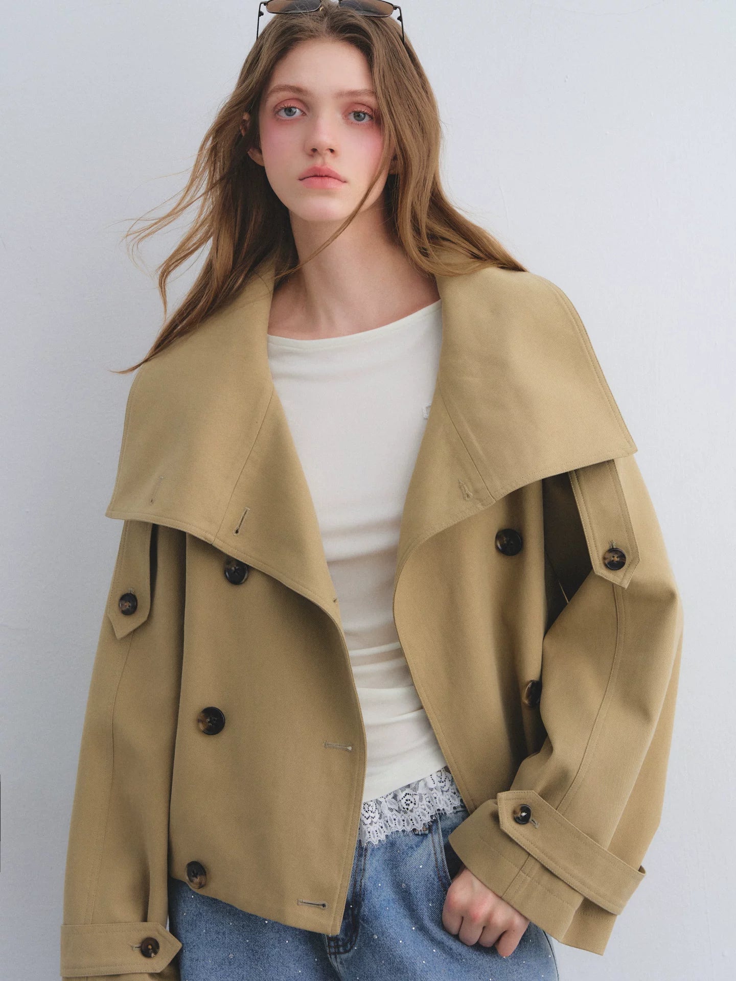 Khaki Double-Breasted Short Coat