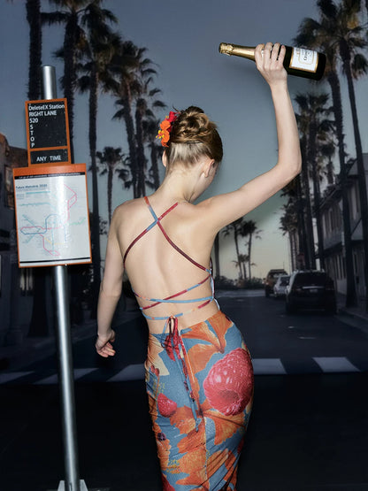 Tropical Backless Tie Maxi Dress