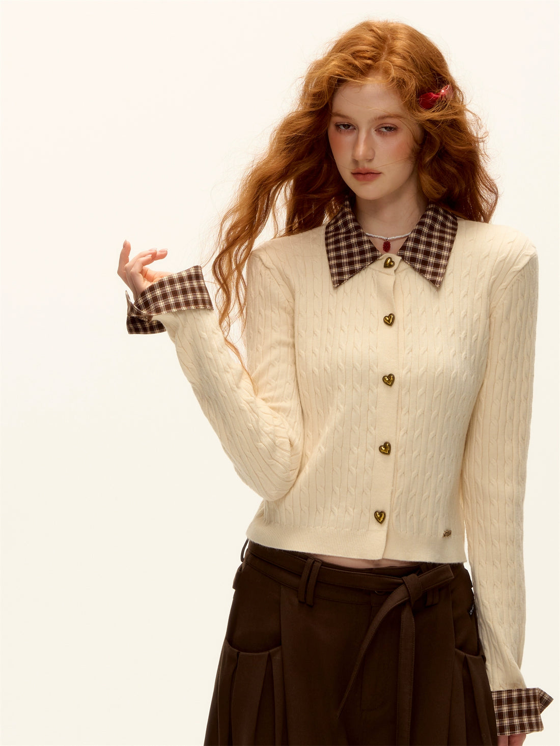 Plaid-Collar Cable Knit Top