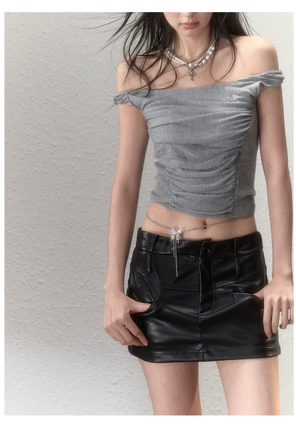 Waistline Ruched Off‑shoulder Knit Top