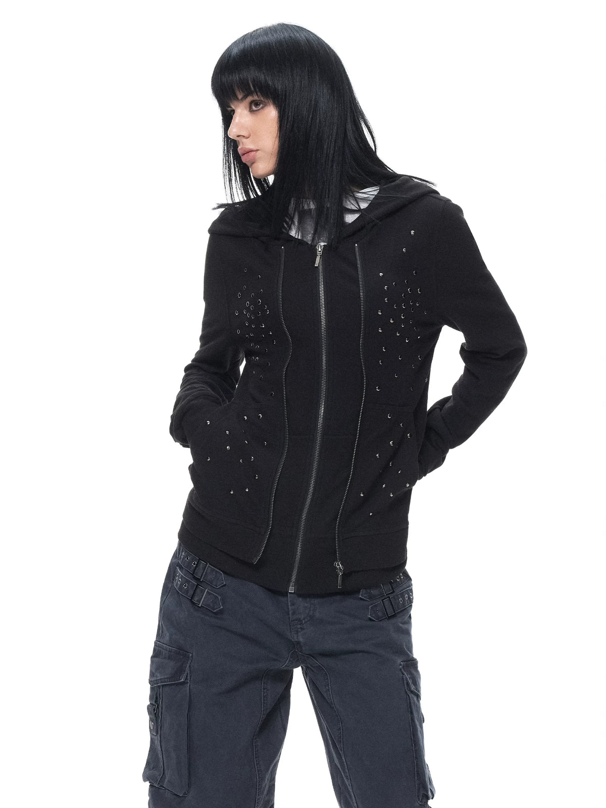 Black Studded Stripe Zip Hoodie