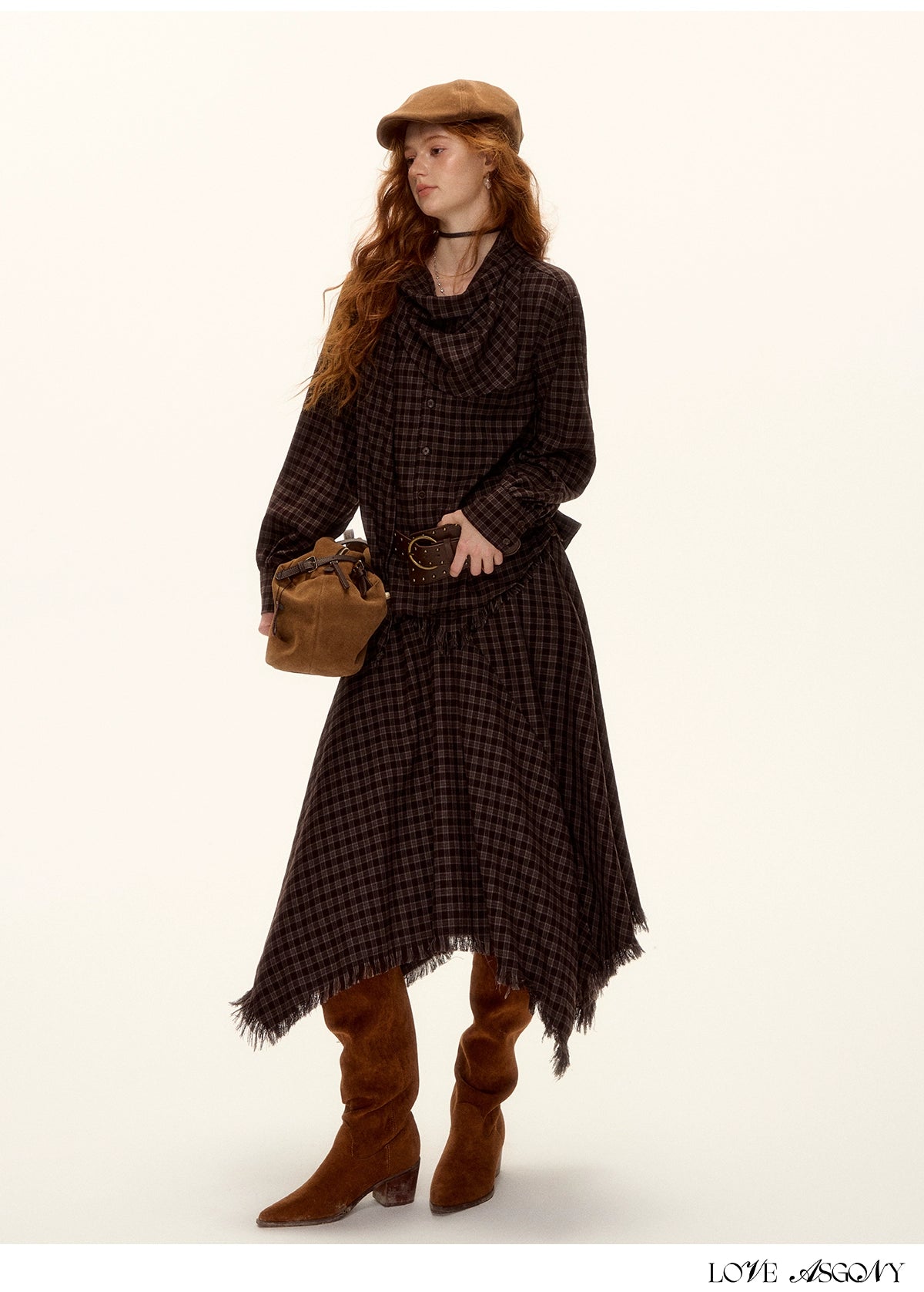 Frayed Hem Plaid Studded Belt Asymmetric A-Line Midi Skirt