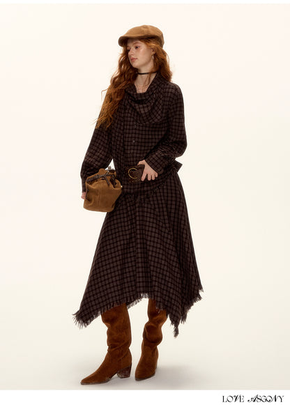 Frayed Hem Plaid Studded Belt Asymmetric A-Line Midi Skirt