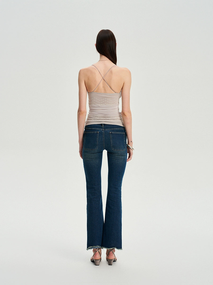 Beaded Strap Lace Splicing Acetate Cami Top