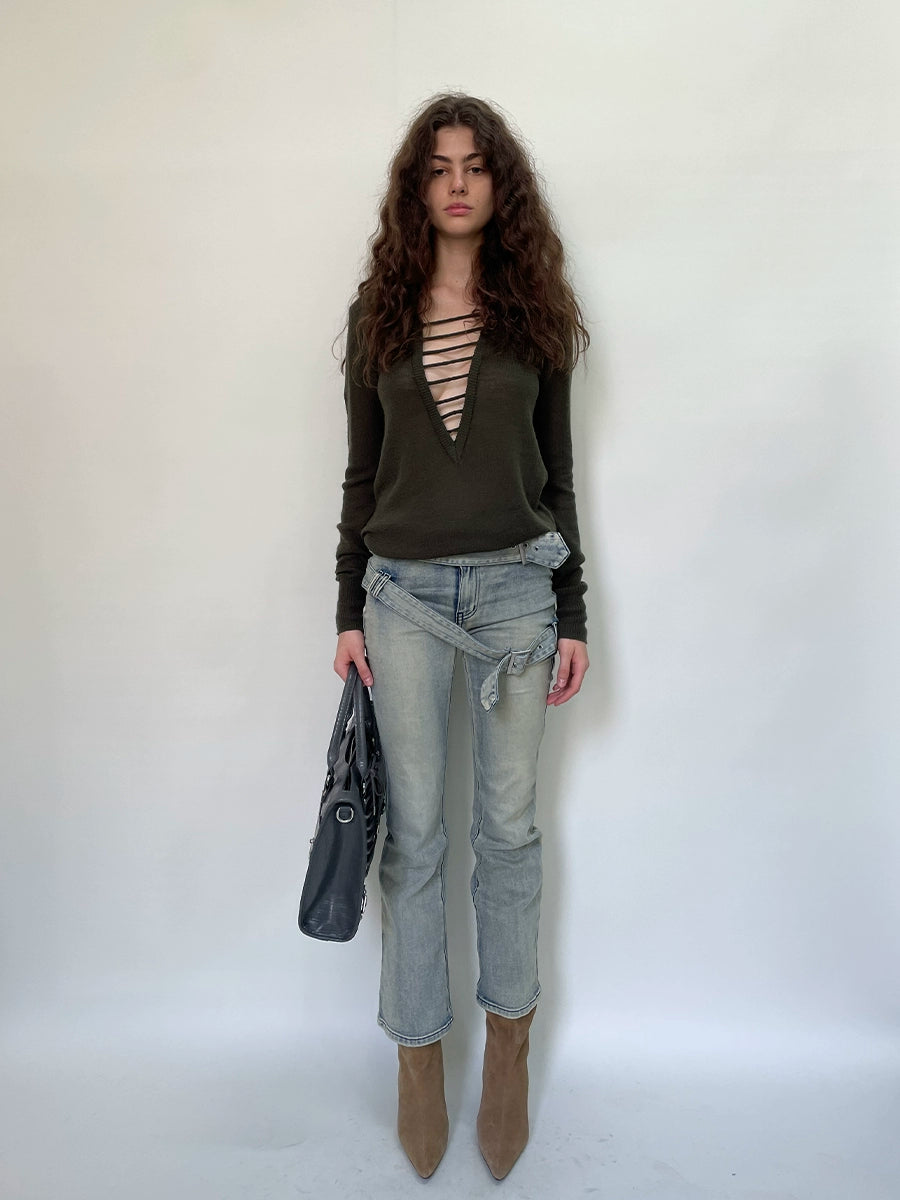 Double Waist Flared Denim Pants