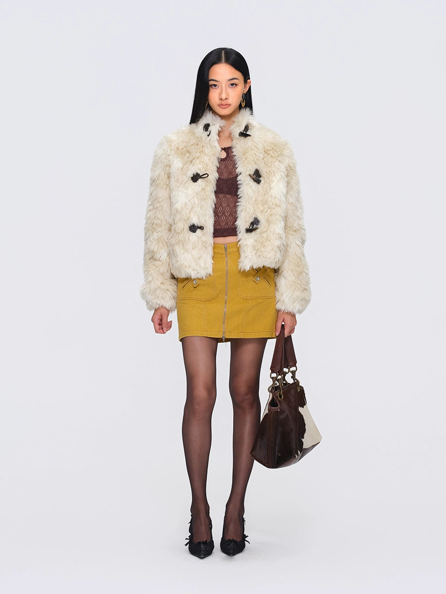 Faux-Fur Stand-Collar Toggle Cropped Jacket