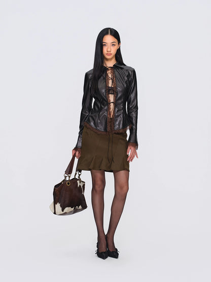 Faux-Leather Tie-Front Lace-Trim Cardigan