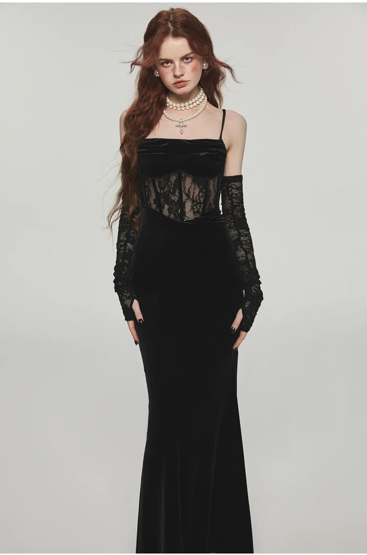 Mermaid Strap Long Velvet Bodycon Dress