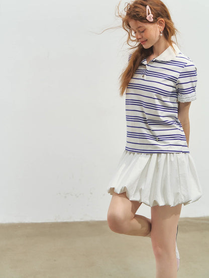 Striped Lace Short-Sleeve Polo Neck T-Shirt