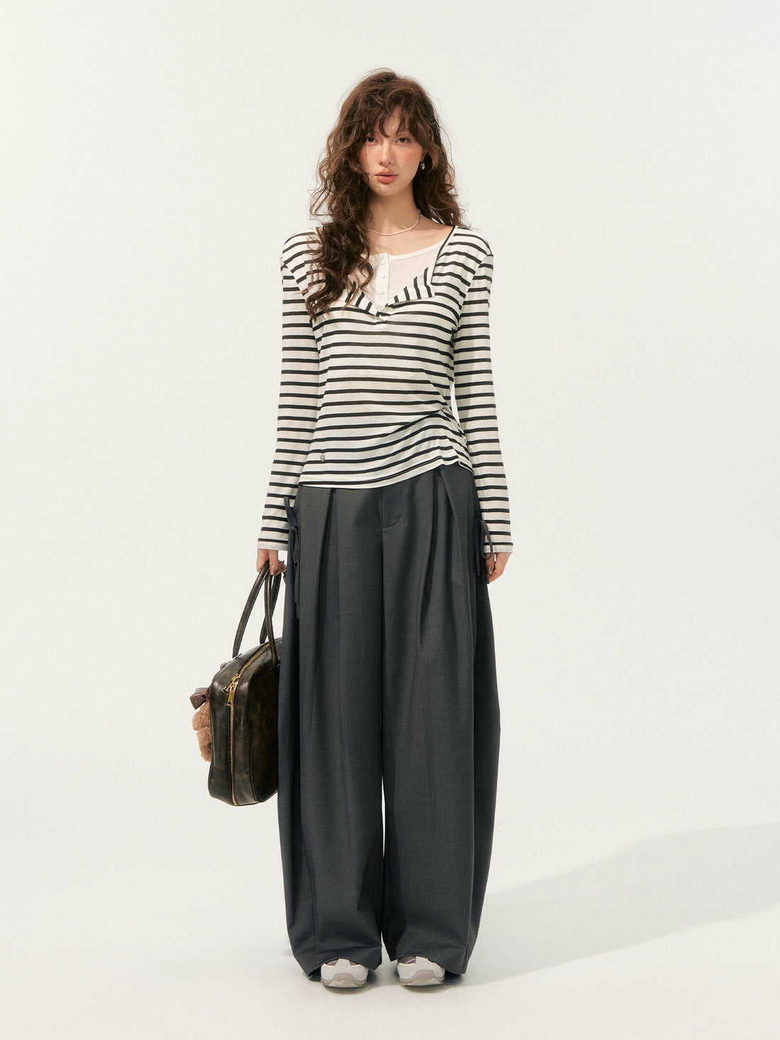 Fake Two-Piece V-Swing Neck Striped T-Shirt