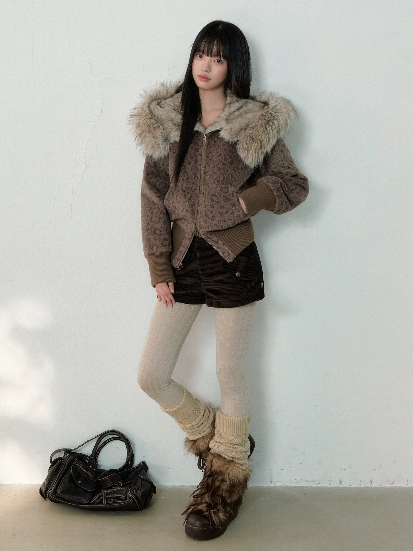 Korean Retro Leopard Wool Hooded Jacket