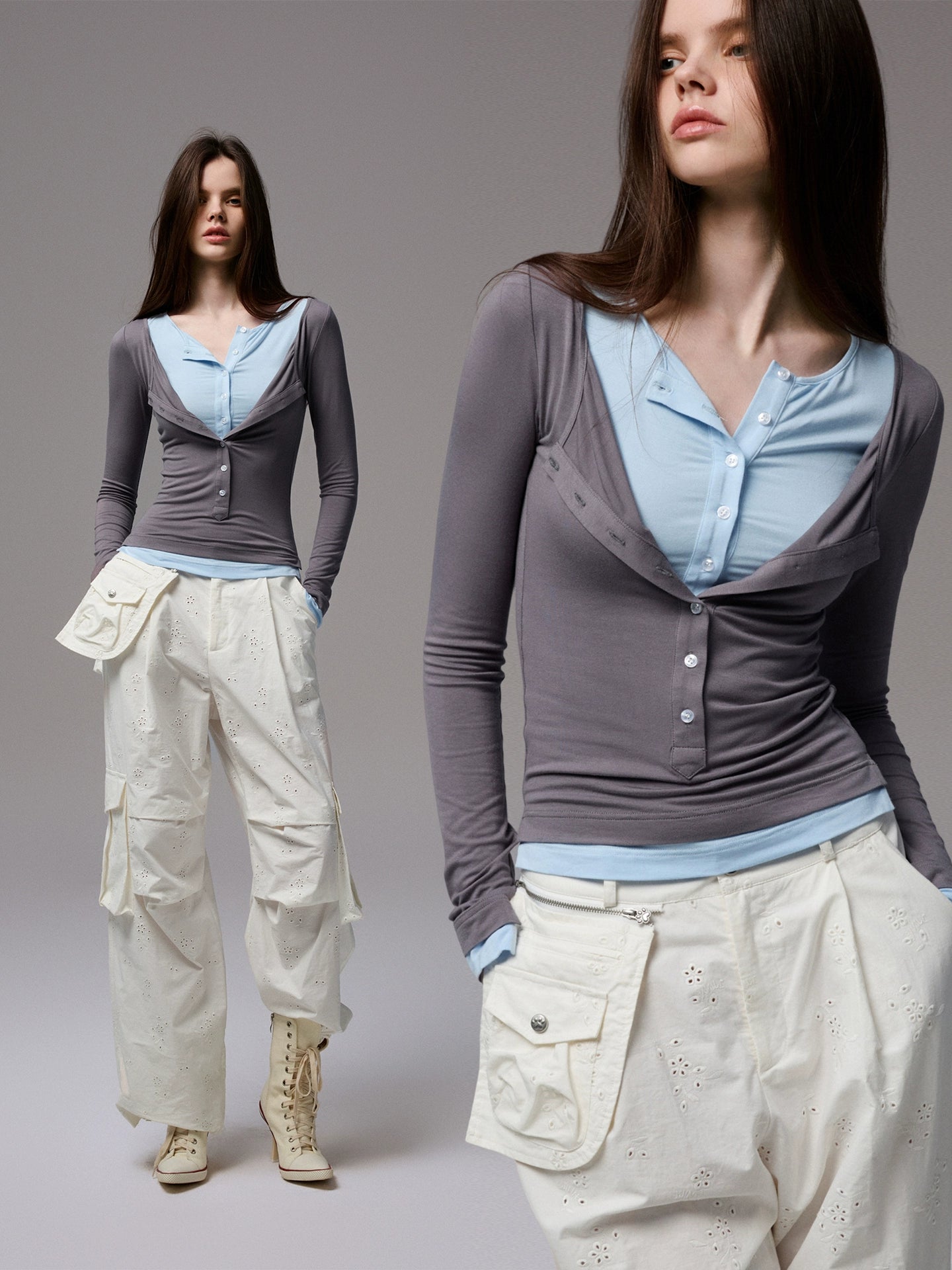 Contrast Layered Henley Blouse