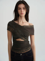 Two-Tone Mesh Lace Cross-Front Blouse