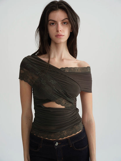 Two-Tone Mesh Lace Cross-Front Blouse