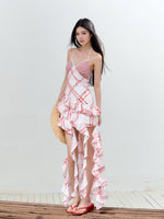 Contrast Plaid Ruffle Hem Tie Dress