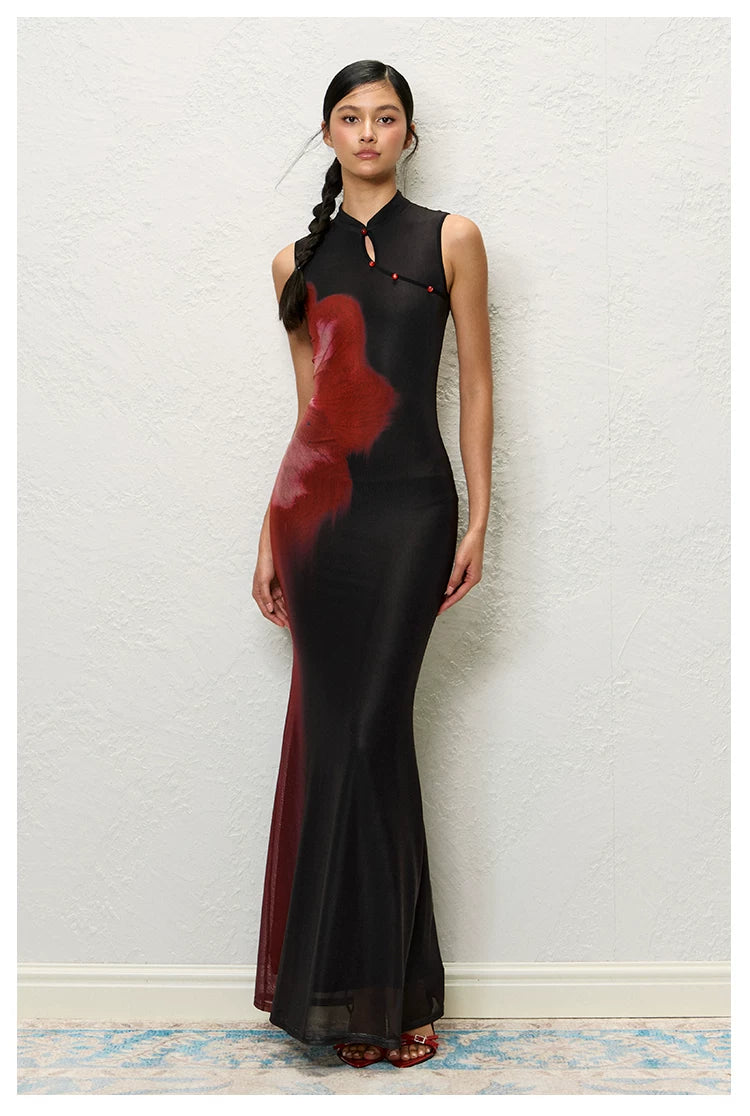 Black Red Floral Qipao Dress