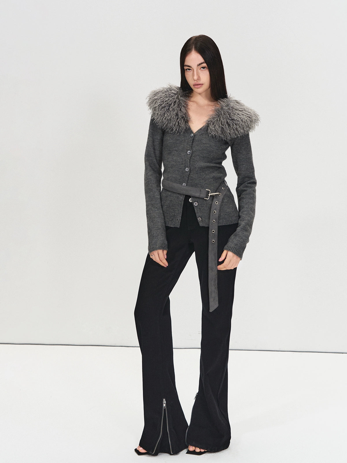 Detachable Fur Collar Suede Belted Cardigan