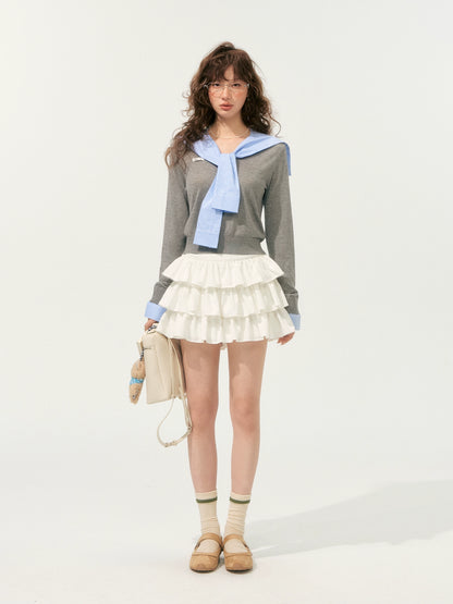 Fake Two-Piece Twist-Knot Spliced V-Neck Knit Top