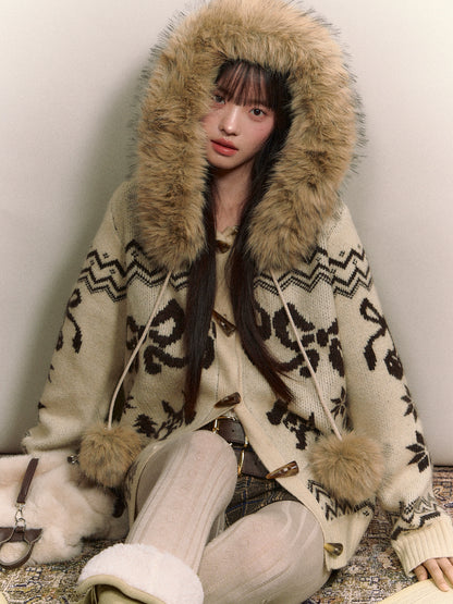 Fair Isle Fur Collar Toggle Knit Coat
