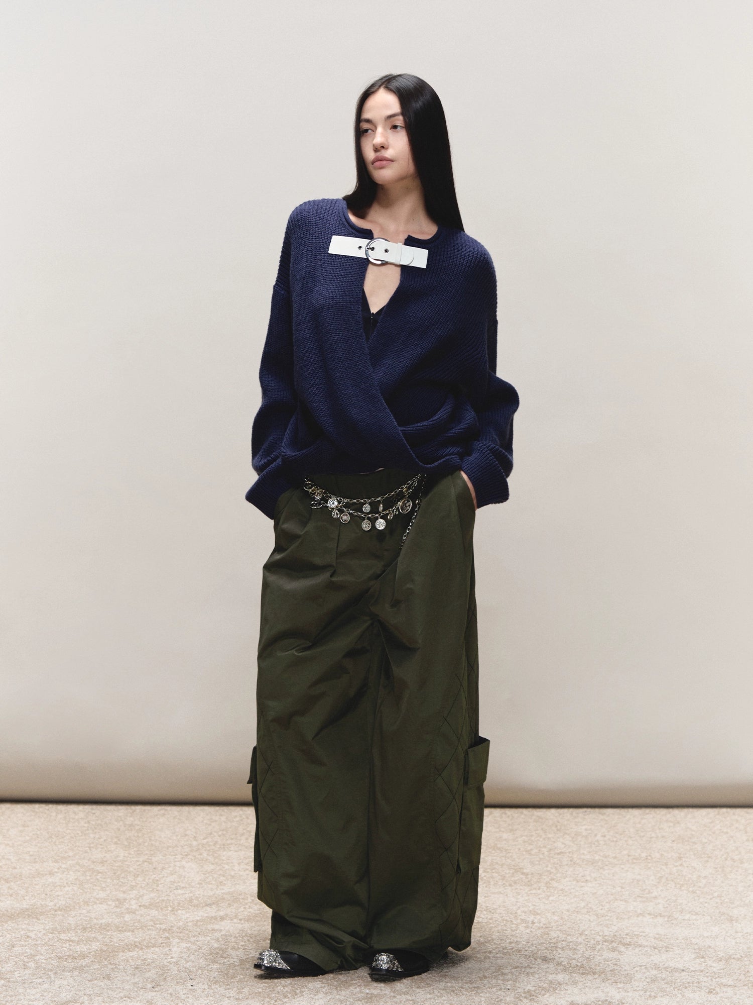 Wool V-Neck Buckle-Panel Sweater